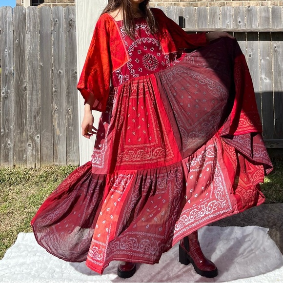 Handmade Earthy Voluminous Maxi Bandana Dress SKU 02265 Red Rose - Picture 4 of 16
